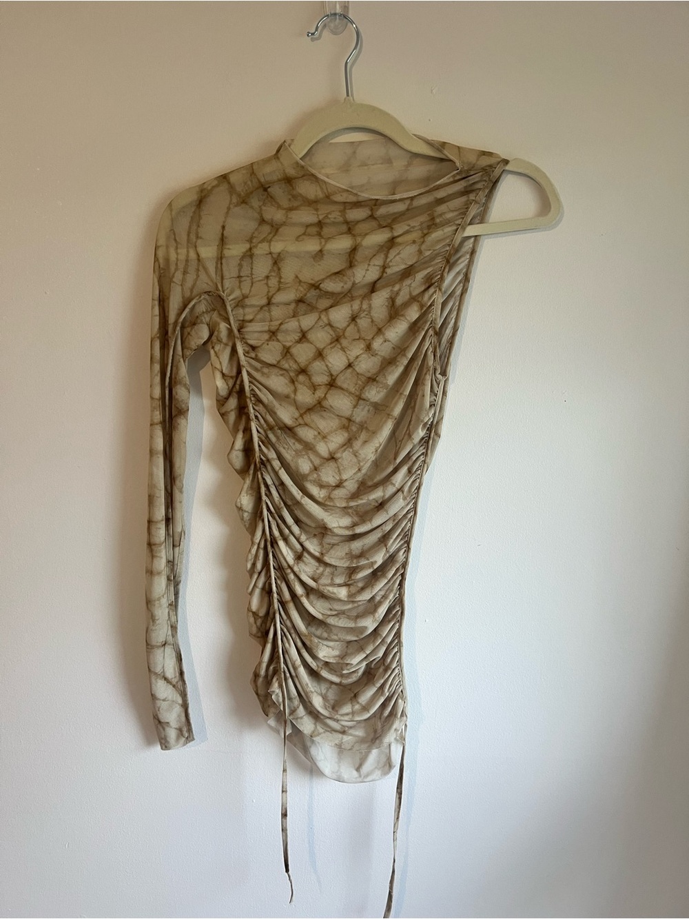 Ruched One-Shoulder Mesh Top in Neutral Print